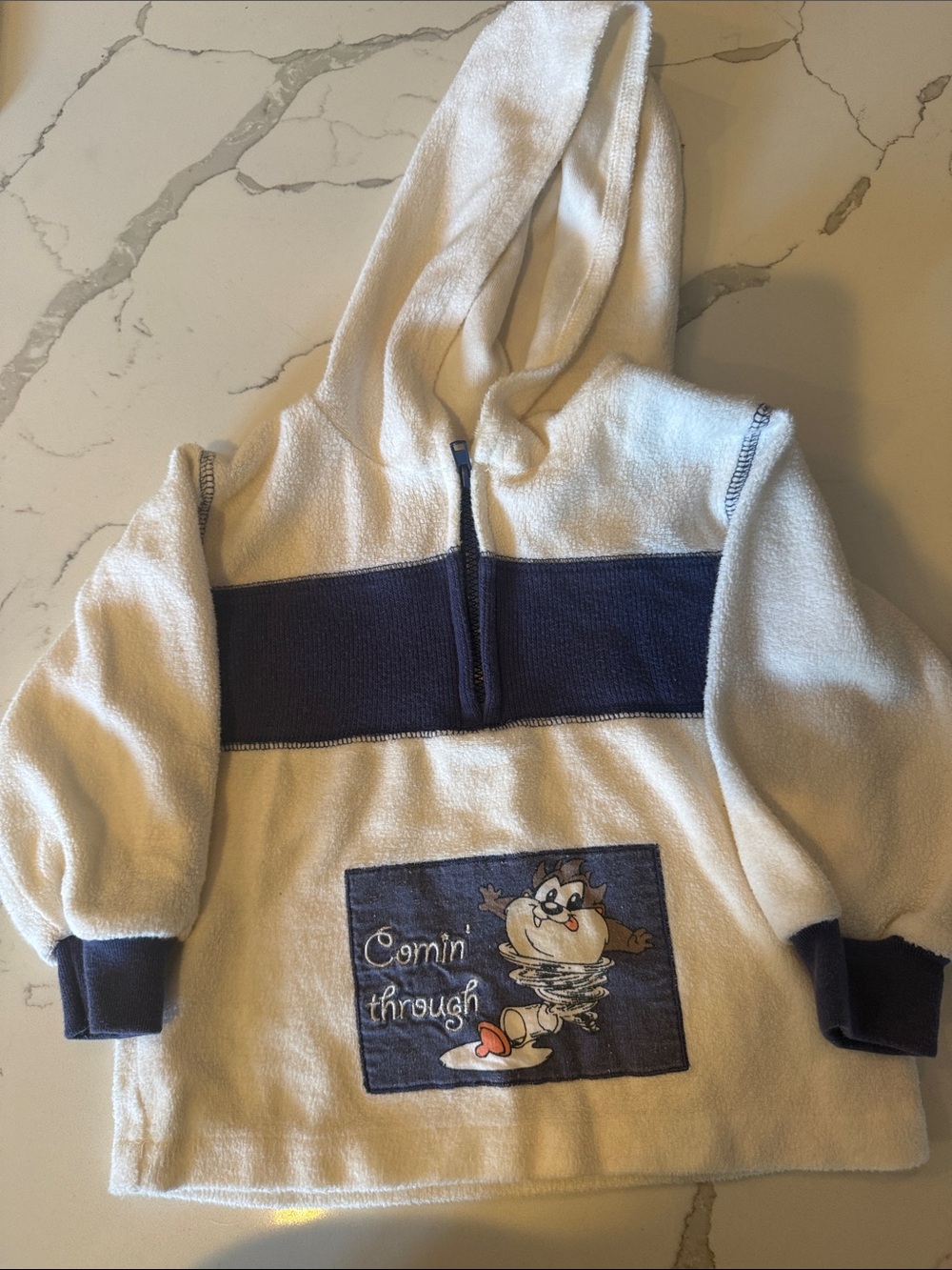 Vintage Looney Tunes White and Navy Hooded Pullover Top 18 months